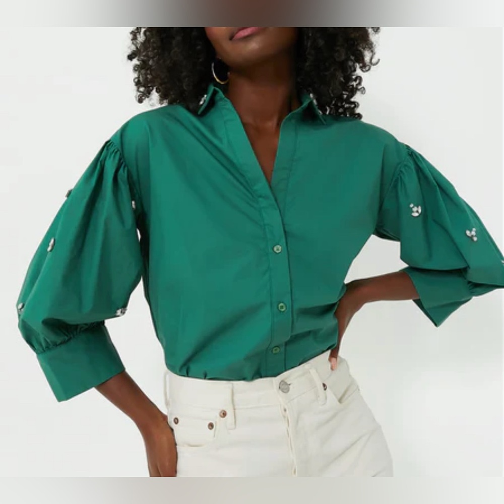The Shirt by Rochelle Behrens green jeweled button down blouse.